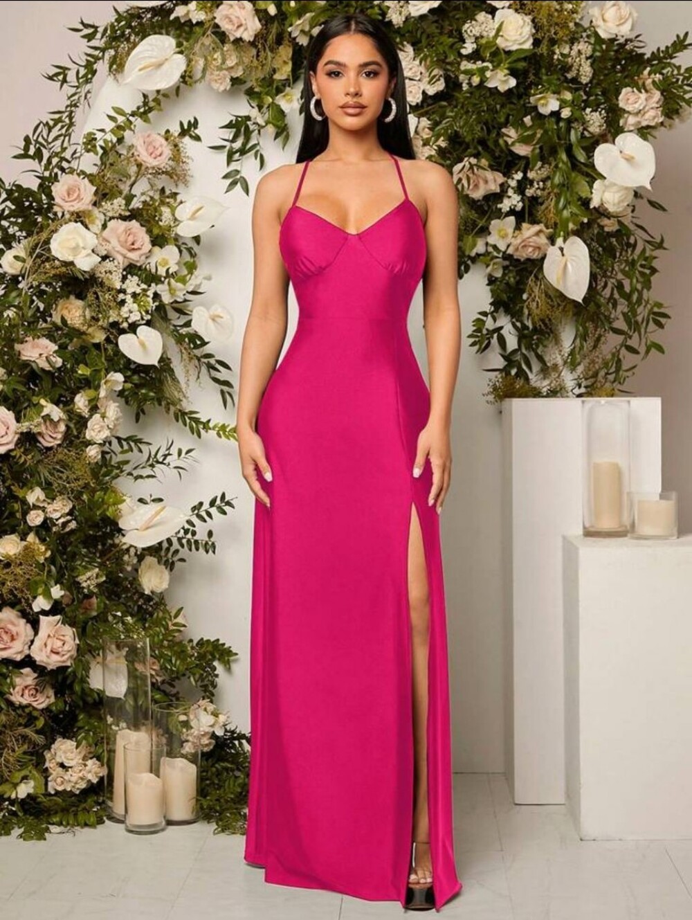 EUC•Shein Belle Draped Crisscross Backless Split Thigh Elegant Dress•Medium💗